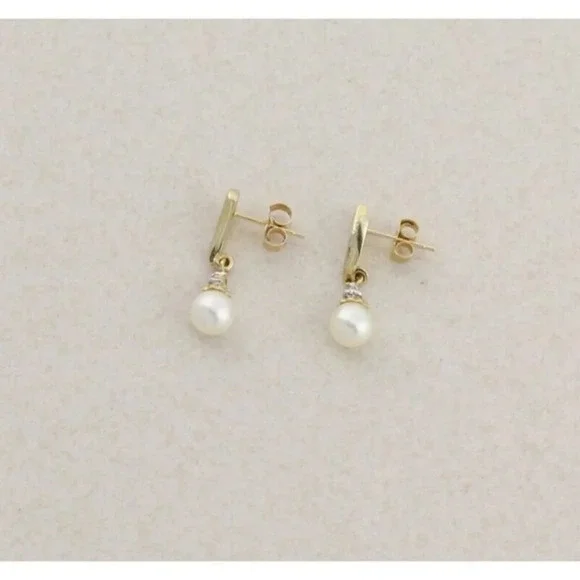 10k Yellow Gold Freshwater Pearl Earrings Dangle Drop - Picture 3 of 9
